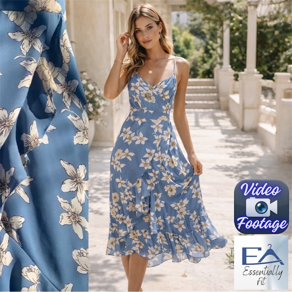 Inspired Hearts Blue Floral HiLow Ruffle Wrap Maxi Dress L Boho Vacation Wedding